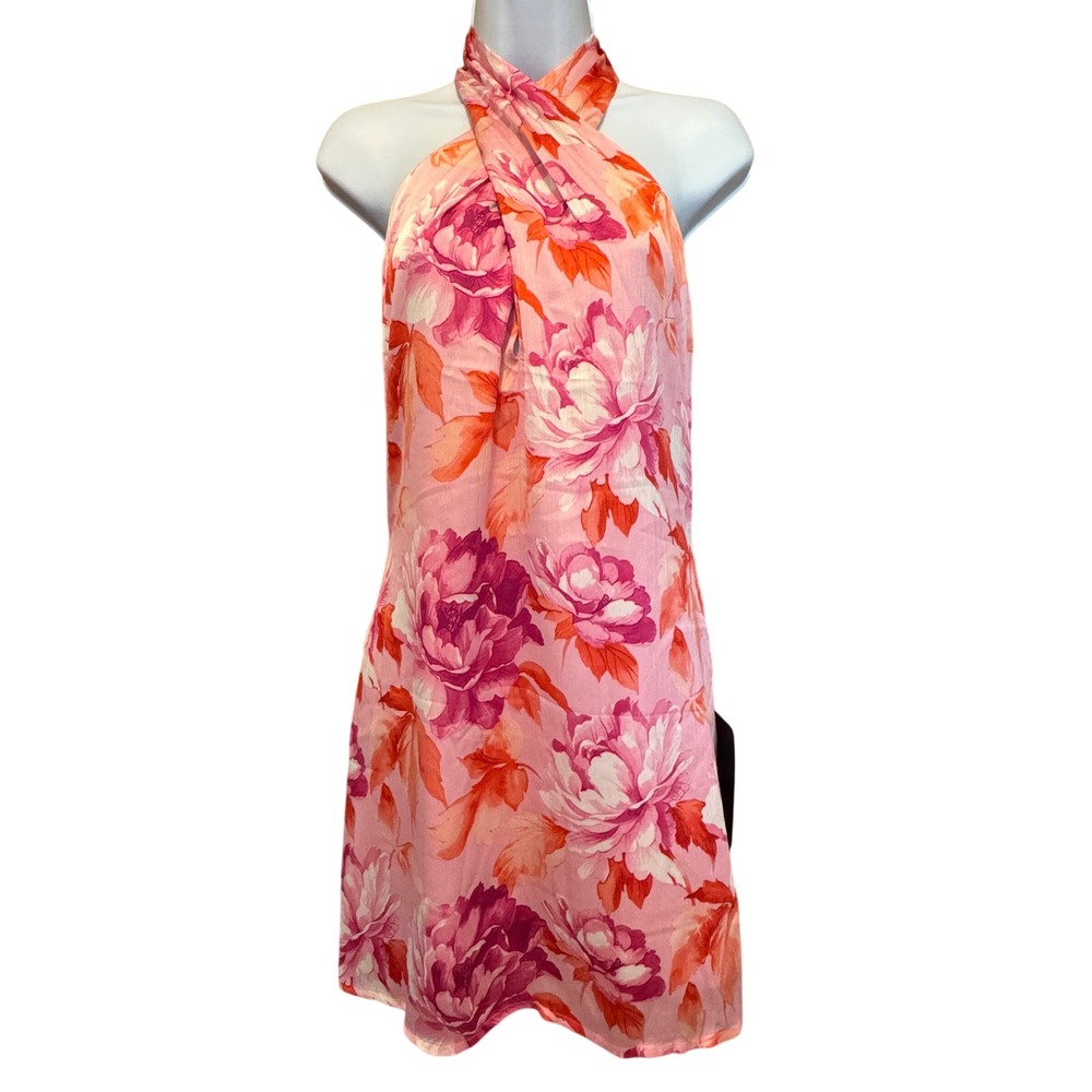 NWT Lulus Beyond Classy Pink Multi Floral Print Satin Halter Mini Dress L Hoco